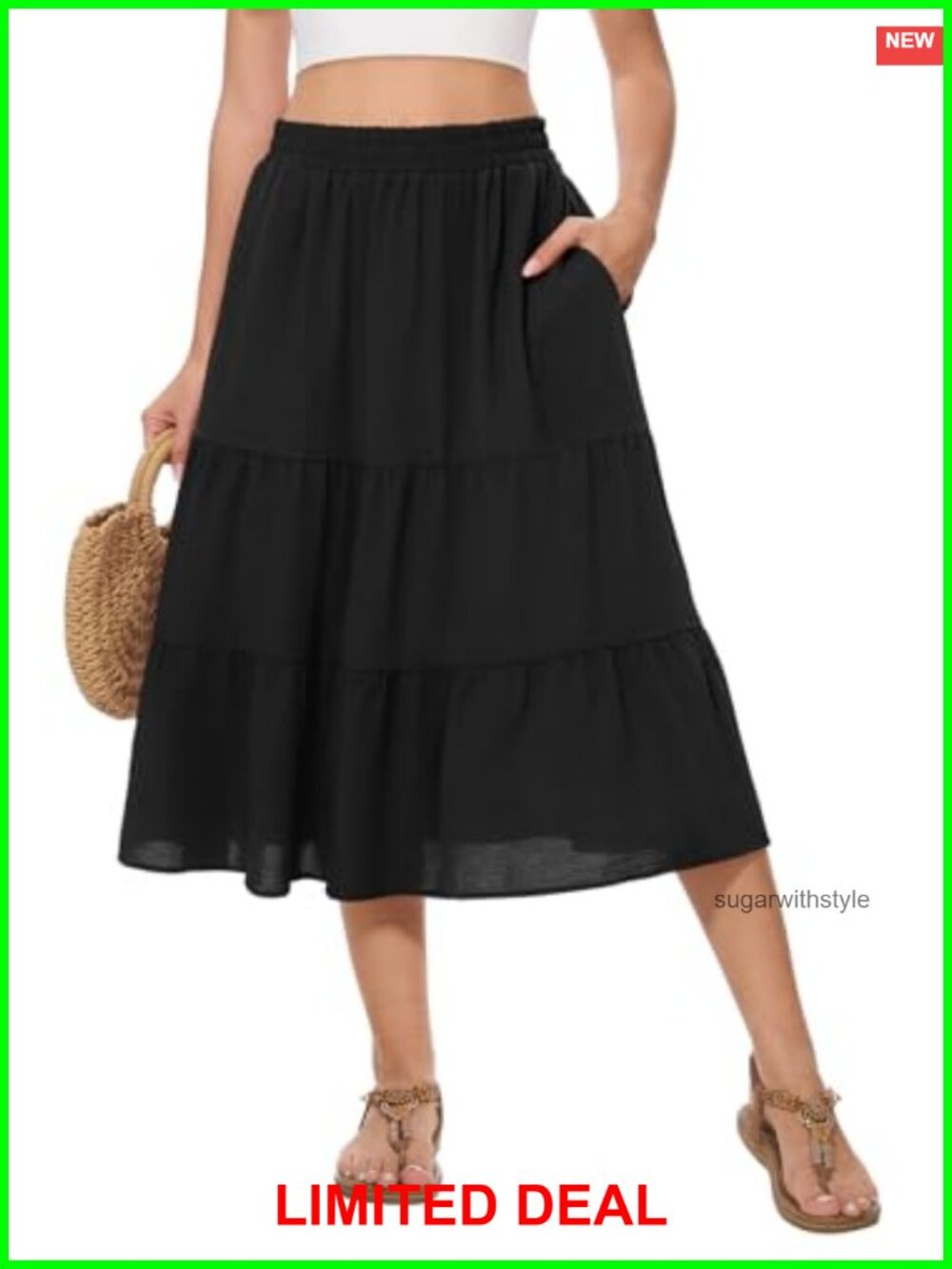 Women's Summer Midi Tiered Flowy High Waist A-Line Casual Skirt
